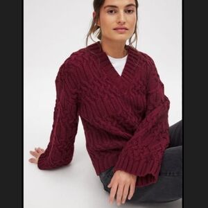 NA-KD Burgundy Relaxed Fit Cable Knitted V-Neck Sweater Women's Size L